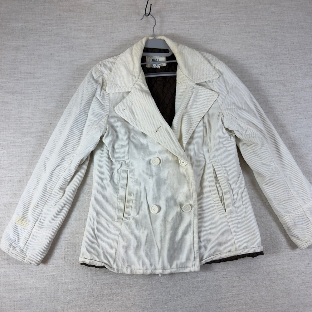 Bass Womens Cream Corduroy Double Breasted Pea Coat Quilted Lining Jacket